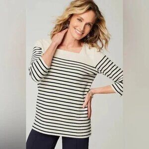 J. Jill Wearever Square Neck Rib Knit Blue White Stripe Pullover Small